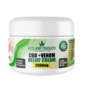 Front view of Elite Hemp Products CBD and Venom Relief Cream 2500mg jar, highlighting extra strength topical support.