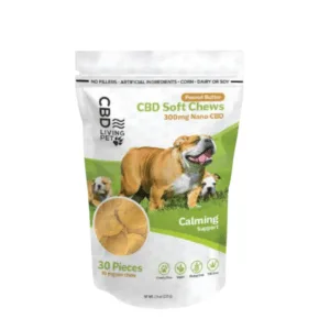 CBD calming dog chews with peanut butter and banana flavor for stress relief and digestion support.